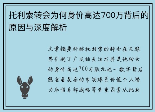 托利索转会为何身价高达700万背后的原因与深度解析